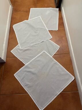 Placemats or napkins off white with handmade white trim 7 3/4” x 7 3/4” 4 total
